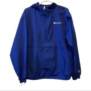 Champion royal blue packable hooded lightweight pullover 1/4 zip jacket logo M